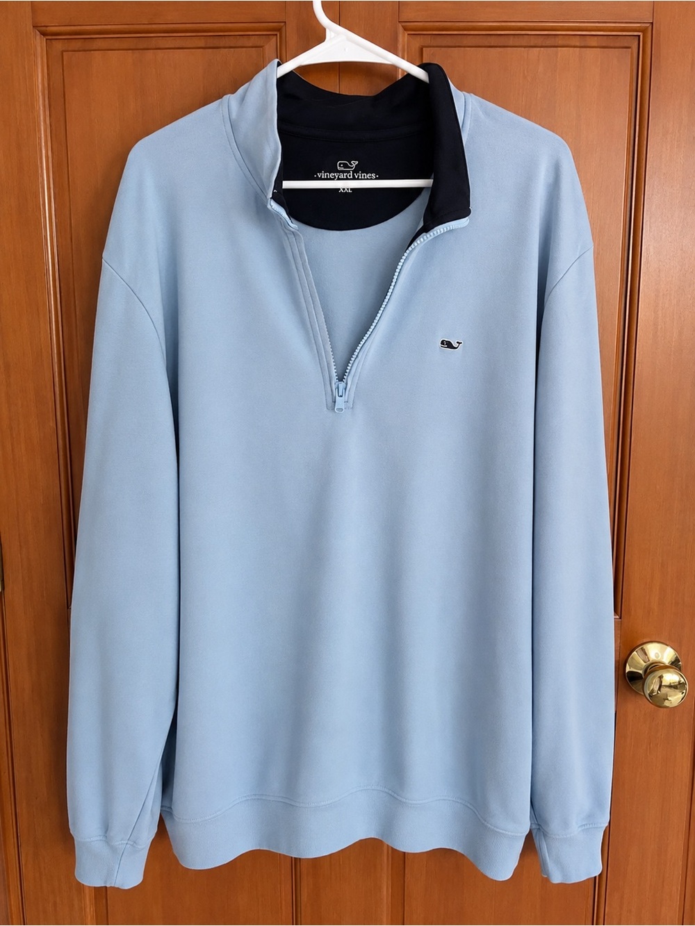 Vineyard Vines Men’s Light Blue Quarter Zip Pullover with Black Collar